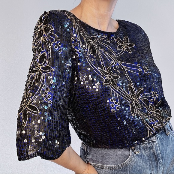 Vintage Scala Pure Silk and Sequin and Beaded Blouse - Picture 1 of 7